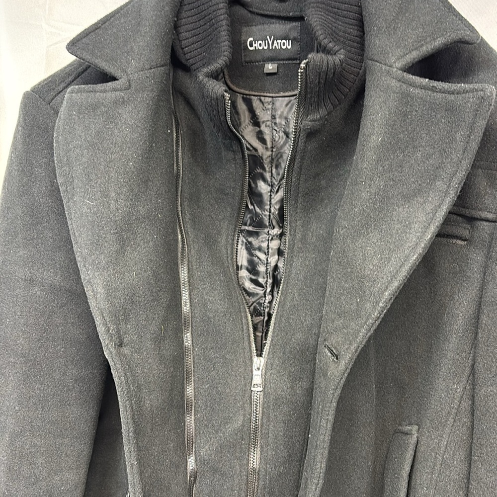 Chou Yatou black wool blend lined Pea Coat jacket size Large - Picture 10 of 13